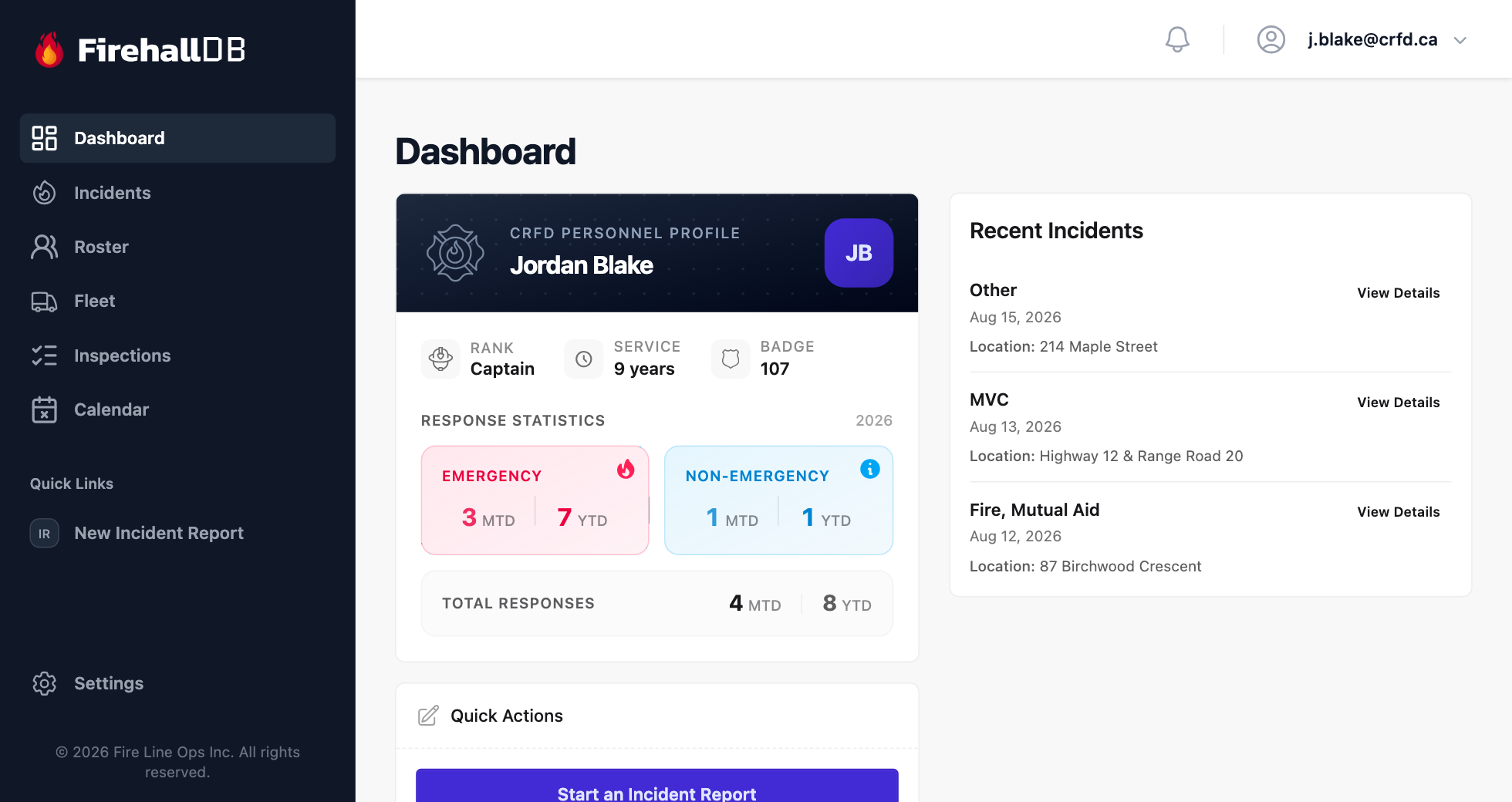 FirehallDB dashboard showing a personnel profile, response statistics, and recent incidents