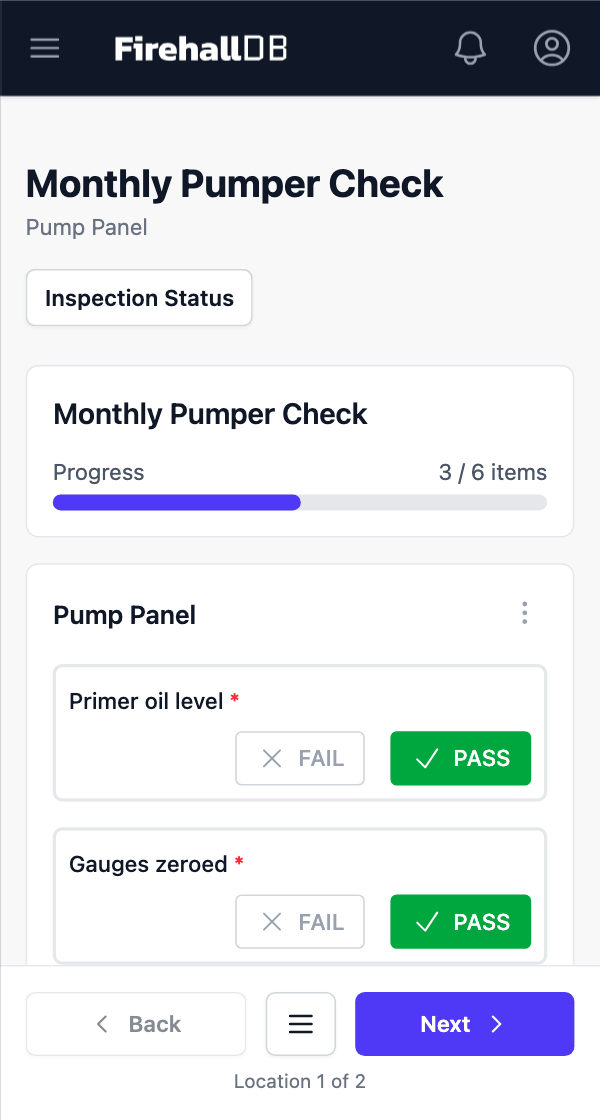 Mobile inspection flow showing a monthly pumper check with pass and fail buttons