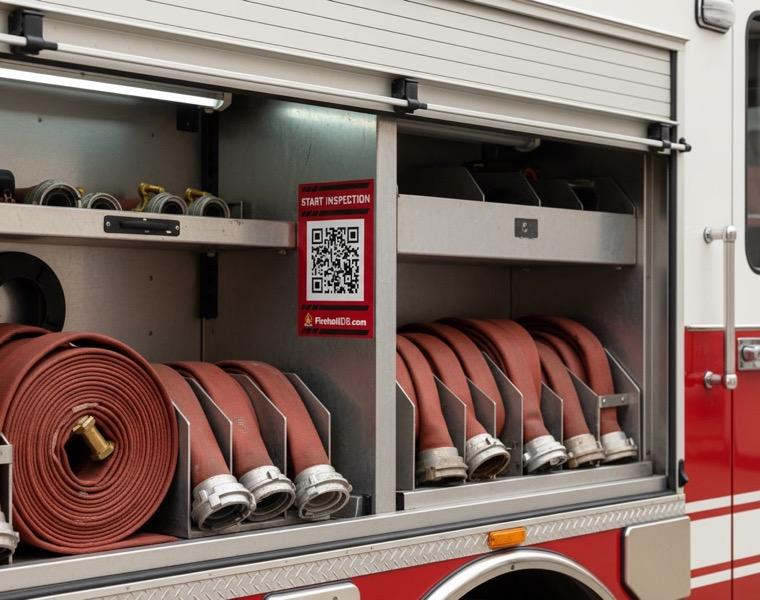 Start Inspection QR sticker on the compartment divider of a fire truck